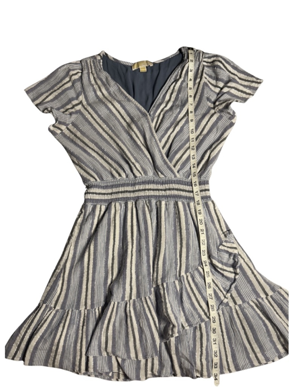 MICHAEL MICHAEL KORS Blue Smocked Ruffled Lined Striped Wrap Dress Large - Picture 8 of 13